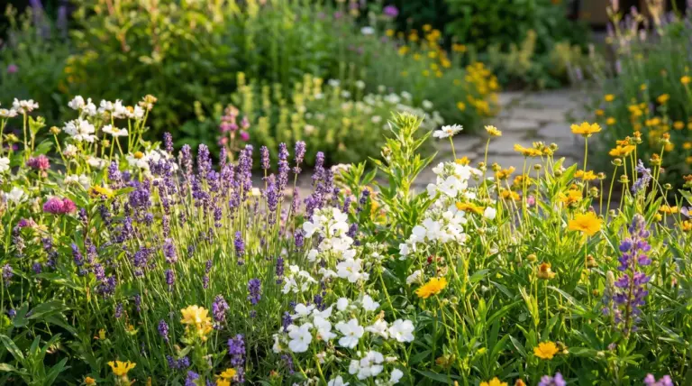 Giardino fiorito con lavanda e fiori selvatici colorati, ideale per attirare api e altri impollinatori
