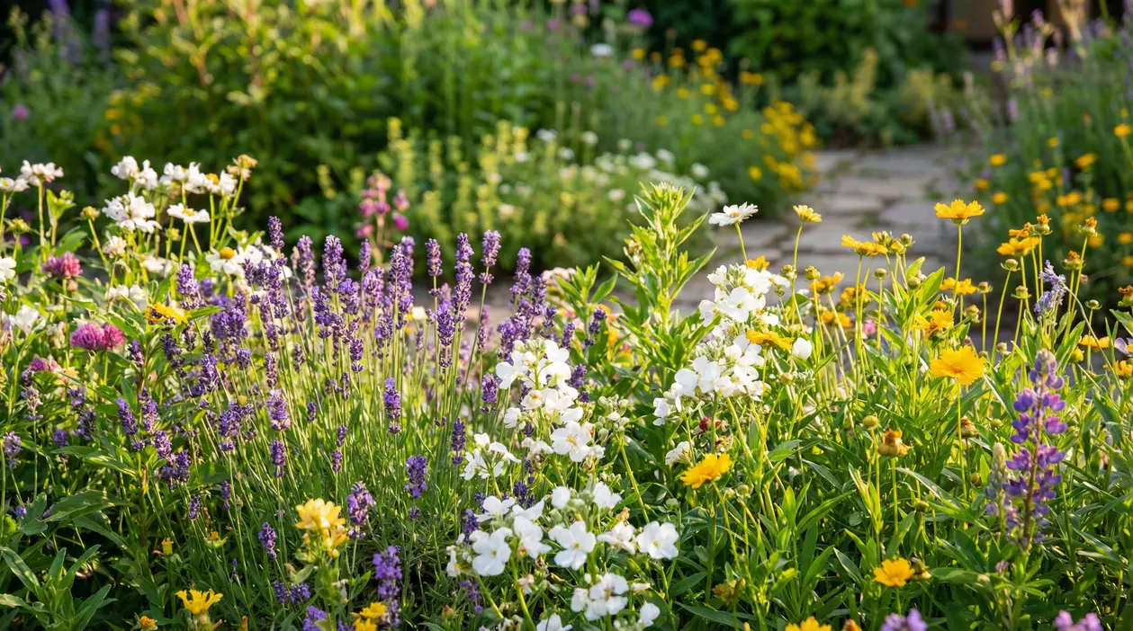 Giardino fiorito con lavanda e fiori selvatici colorati, ideale per attirare api e altri impollinatori