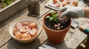 Mano con guanto aggiunge gusci d'uovo in un vaso con piantina per creare un fertilizzante naturale