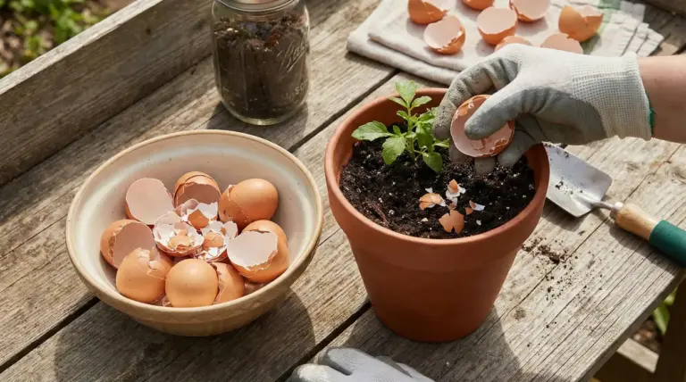 Mano con guanto aggiunge gusci d'uovo in un vaso con piantina per creare un fertilizzante naturale