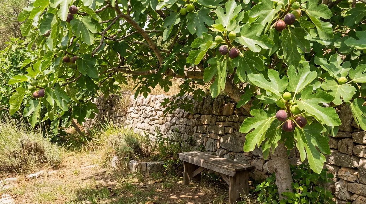 Albero di fico con fichi maturi e foglie verdi in giardino, vicino a un muretto in pietra e una panchina