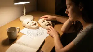 Una persona osserva due maschere teatrali e un tema natale su una scrivania, simbolo di cambi d’umore nei segni zodiacali