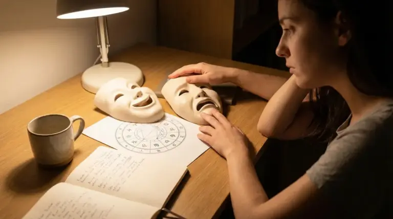 Una persona osserva due maschere teatrali e un tema natale su una scrivania, simbolo di cambi d’umore nei segni zodiacali