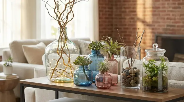 Vasi di vetro decorativi su tavolino in salotto: lucine, rami, piante grasse e barattolo con terrario