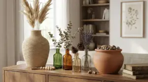 Vasi decorativi su credenza: anforetta in rattan con pampas, bottiglie con rami e un vaso in terracotta con sassi