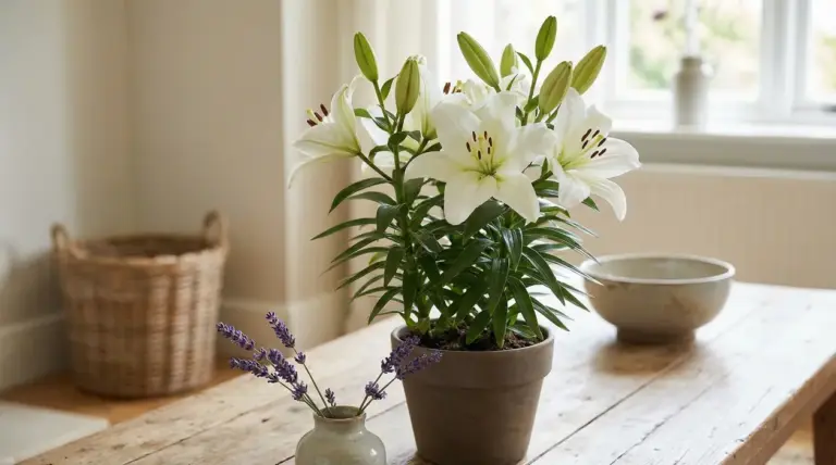 Giglio bianco in vaso su un tavolo in legno vicino a una finestra, ideale per profumare la casa in modo naturale