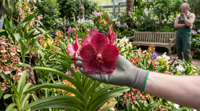 Mano con guanto che mostra una grande orchidea bordeaux in una serra ricca di fiori tropicali