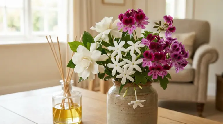 Bouquet di fiori profumati in vaso su tavolo da salotto, accanto a un diffusore per ambiente