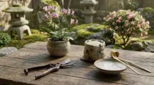 Orchidea in vaso su tavolo di legno con forbici, polvere e ciotola in un giardino giapponese