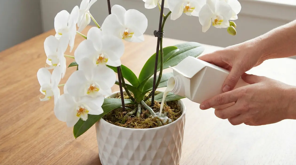 Mani che versano concime liquido in un’orchidea Phalaenopsis bianca in vaso su un tavolo di legno