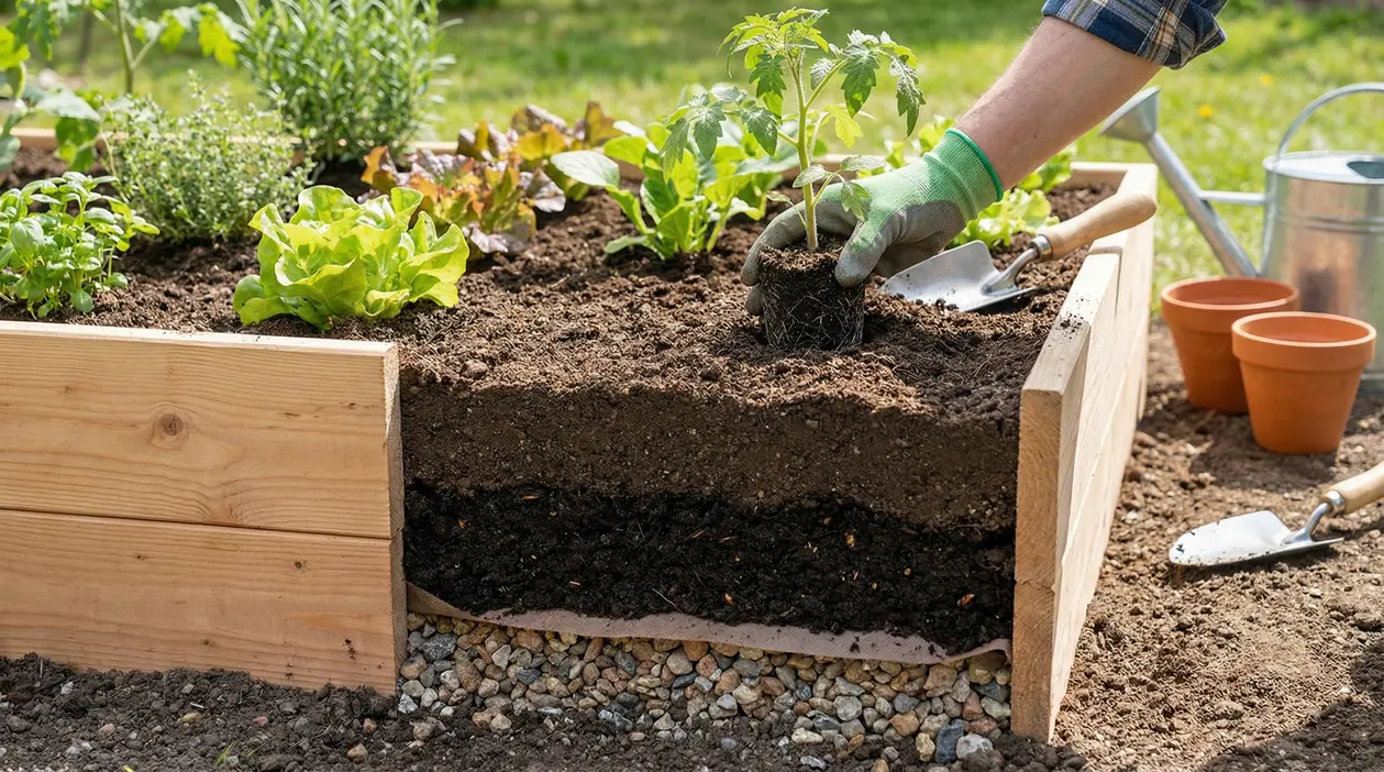 Mano con guanto trapianta una piantina in un orto rialzato con strati di ghiaia e terriccio