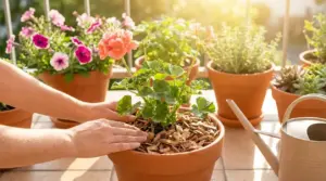 Mani che aggiungono pacciamatura a una pianta in vaso sul balcone per proteggerla dal caldo estivo