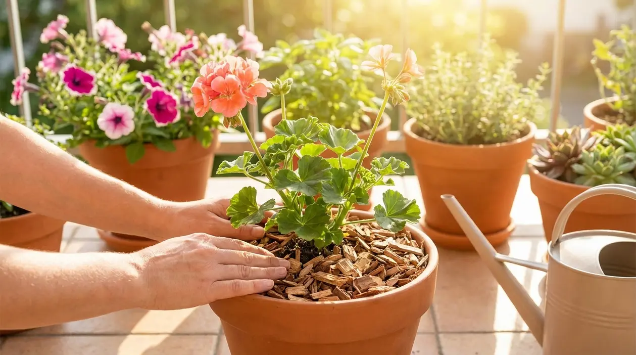 Mani che aggiungono pacciamatura a una pianta in vaso sul balcone per proteggerla dal caldo estivo