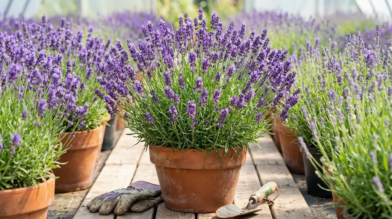 Pianta di lavanda rigogliosa in vaso, con fiori viola, su un tavolo da coltivazione in serra