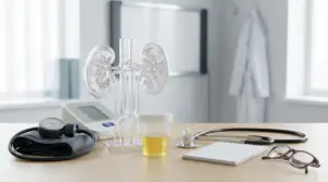 Modello anatomico dei reni e campione di urina su scrivania medica con stetoscopio e misuratore di pressione