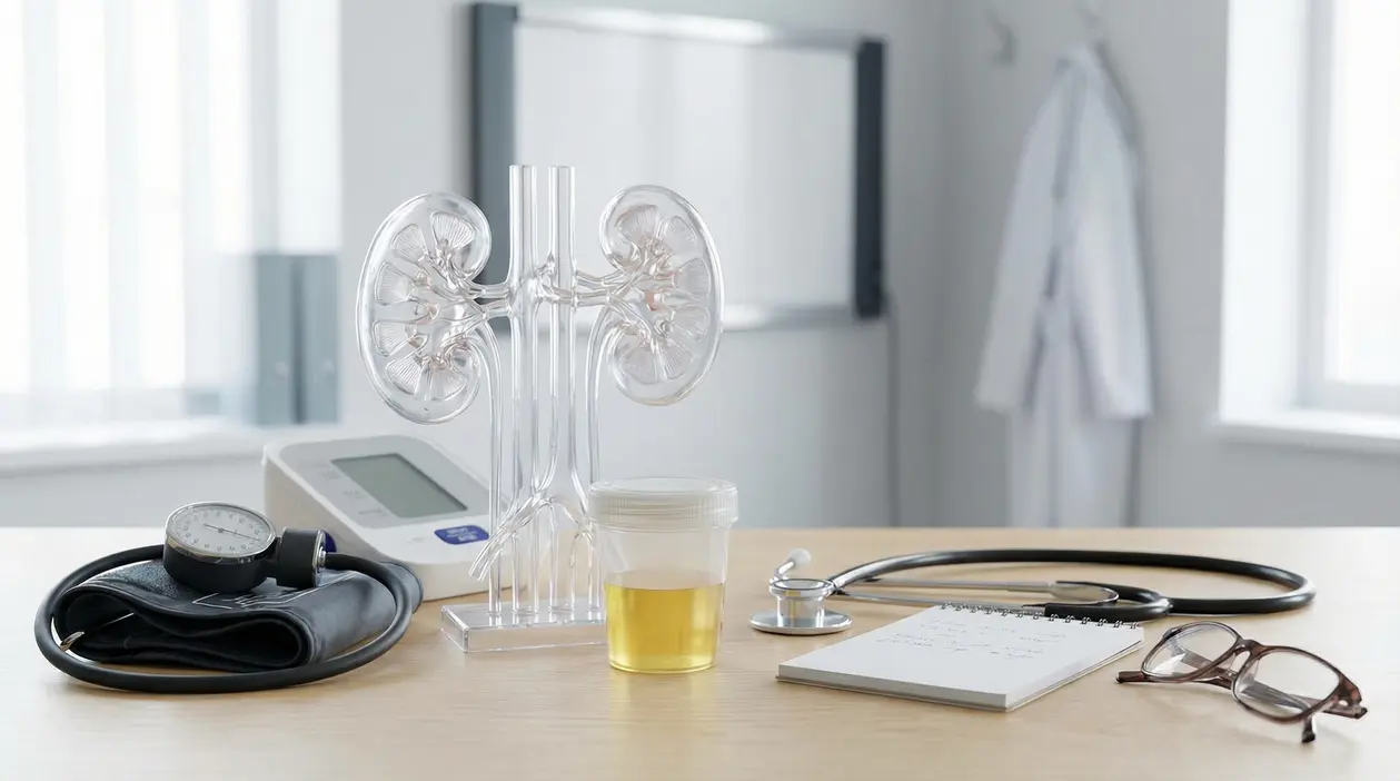 Modello anatomico dei reni e campione di urina su scrivania medica con stetoscopio e misuratore di pressione