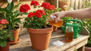 Persona che versa un fertilizzante naturale in un vaso di gerani rossi su un tavolo da giardino