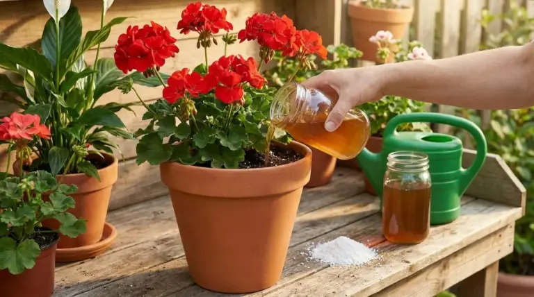 Persona che versa un fertilizzante naturale in un vaso di gerani rossi su un tavolo da giardino