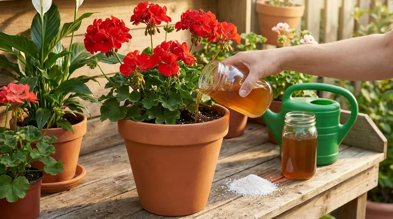 Persona che versa un fertilizzante naturale in un vaso di gerani rossi su un tavolo da giardino