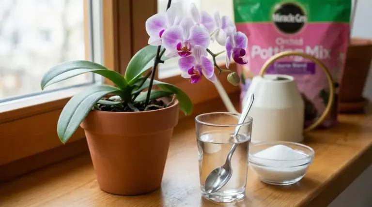 Orchidea in vaso sul davanzale con bicchiere d’acqua e cucchiaio, accanto a una ciotola di ingrediente in polvere
