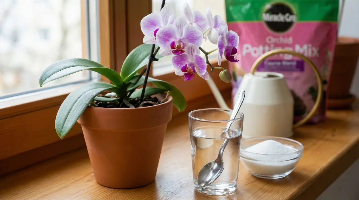 Orchidea in vaso sul davanzale con bicchiere d’acqua e cucchiaio, accanto a una ciotola di ingrediente in polvere