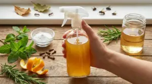 Mano con flacone spray di insetticida naturale fai da te, con menta, rosmarino, agrumi e aceto su tavolo