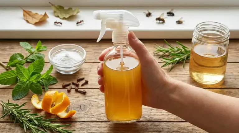 Mano con flacone spray di insetticida naturale fai da te, con menta, rosmarino, agrumi e aceto su tavolo