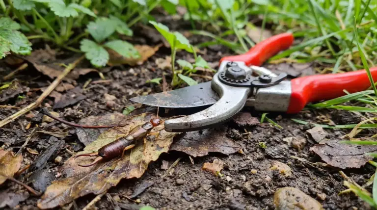 Insetto forbice sul terreno del giardino accanto a cesoie da potatura tra foglie e terra umida