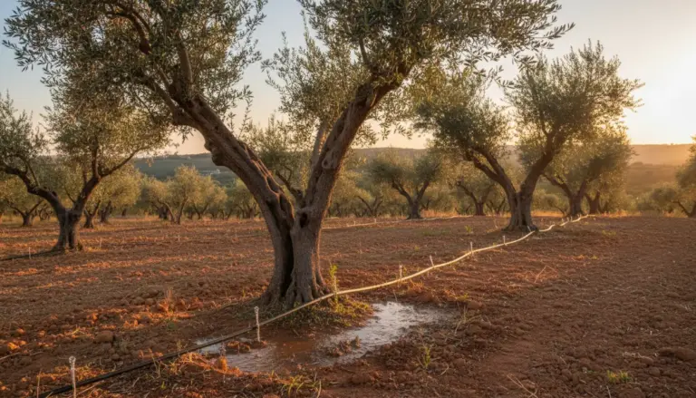 Oliveto al tramonto con impianto di irrigazione a goccia e terreno umido attorno ai tronchi degli olivi