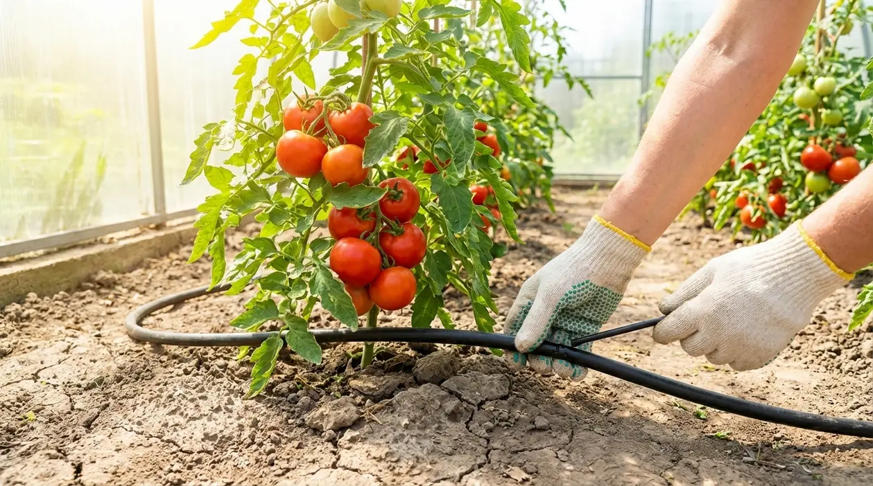 Mani con guanti regolano l’irrigazione a goccia di piante di pomodoro in serra durante il caldo