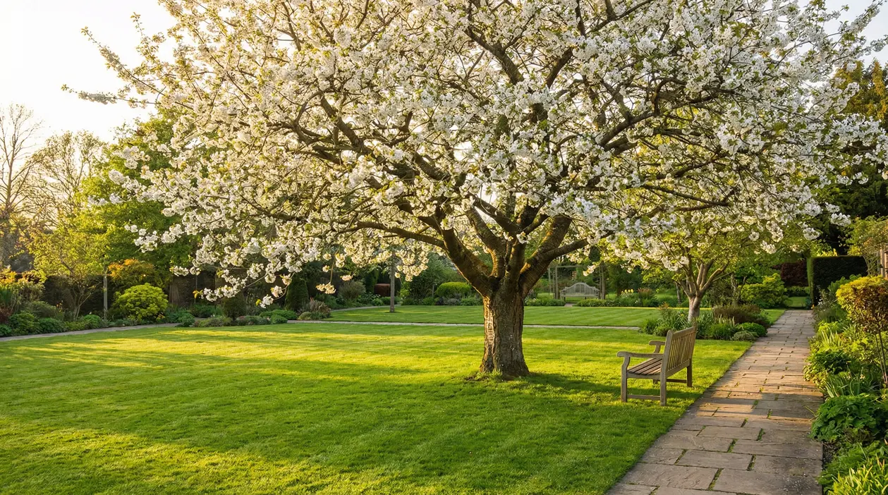 Albero in fiore in un giardino con prato verde e panchina lungo un vialetto