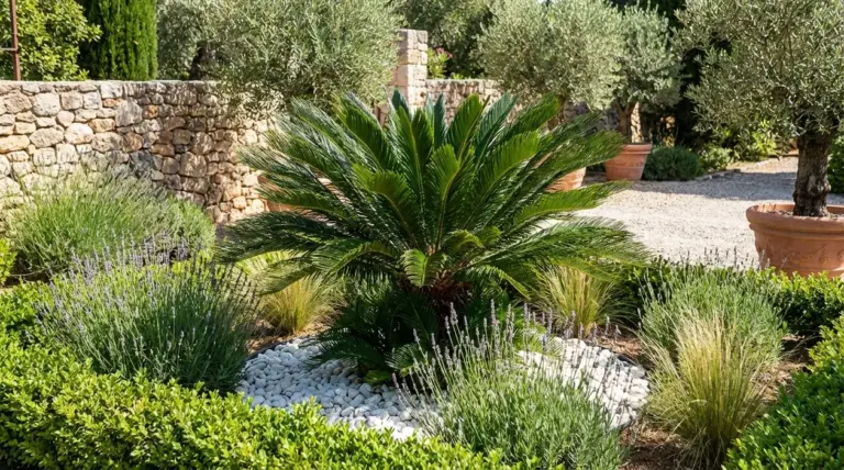 Cycas al centro di un giardino mediterraneo con lavanda, graminacee ornamentali e muretti in pietra