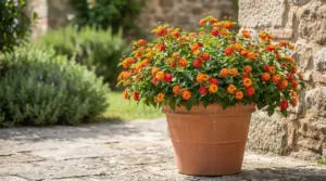 Pianta fiorita in vaso di terracotta con fiori arancioni e rossi in un giardino accanto a un muro in pietra