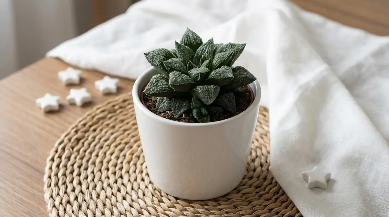 Pianta grassa rara in vaso bianco su tavolo in legno, fotografata in interno