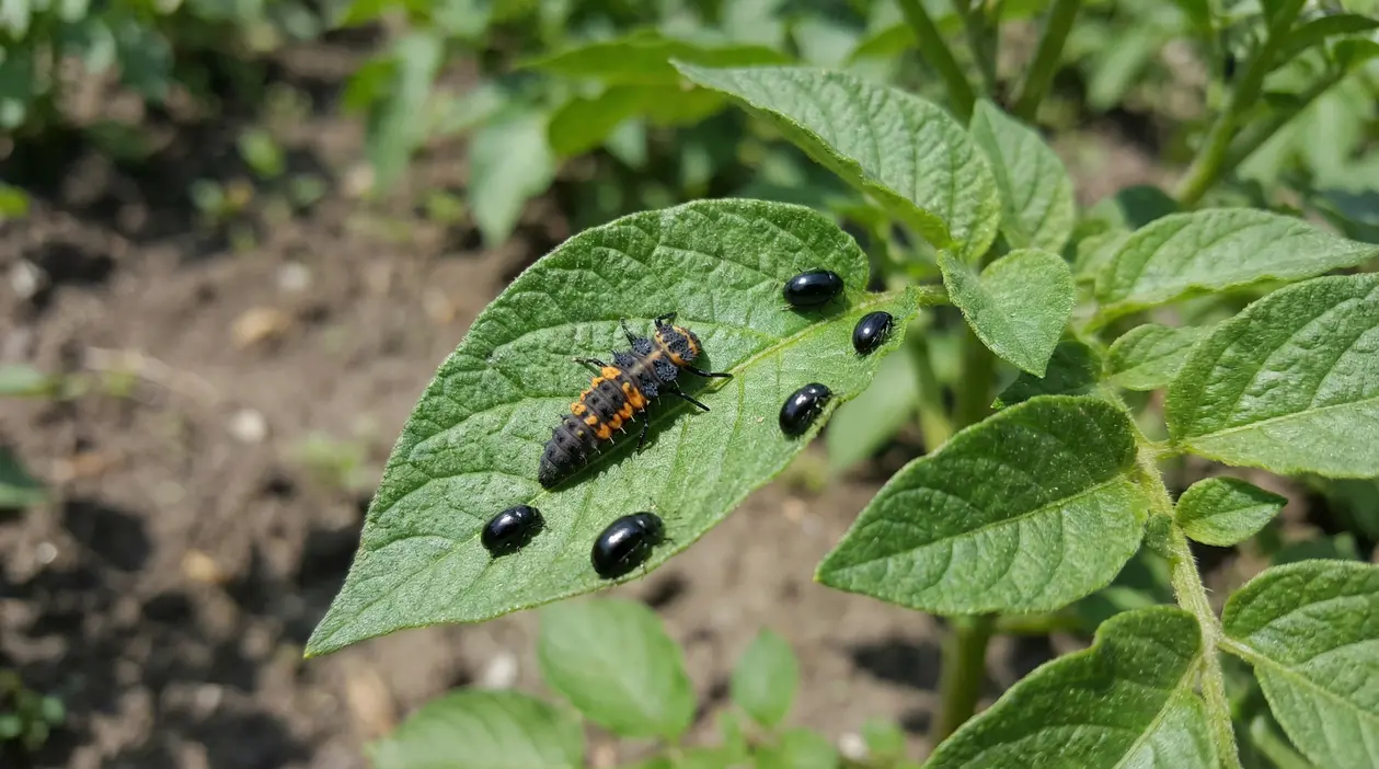 Larva di coccinella e piccoli insetti neri su una foglia in giardino