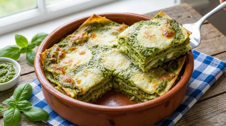 Lasagne al pesto gratinate con formaggio, servite in teglia di terracotta con una porzione sollevata dalla spatola