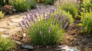 Pianta di lavanda appena messa a dimora in giardino, vicino a un vialetto, con attrezzi da giardinaggio sul terreno