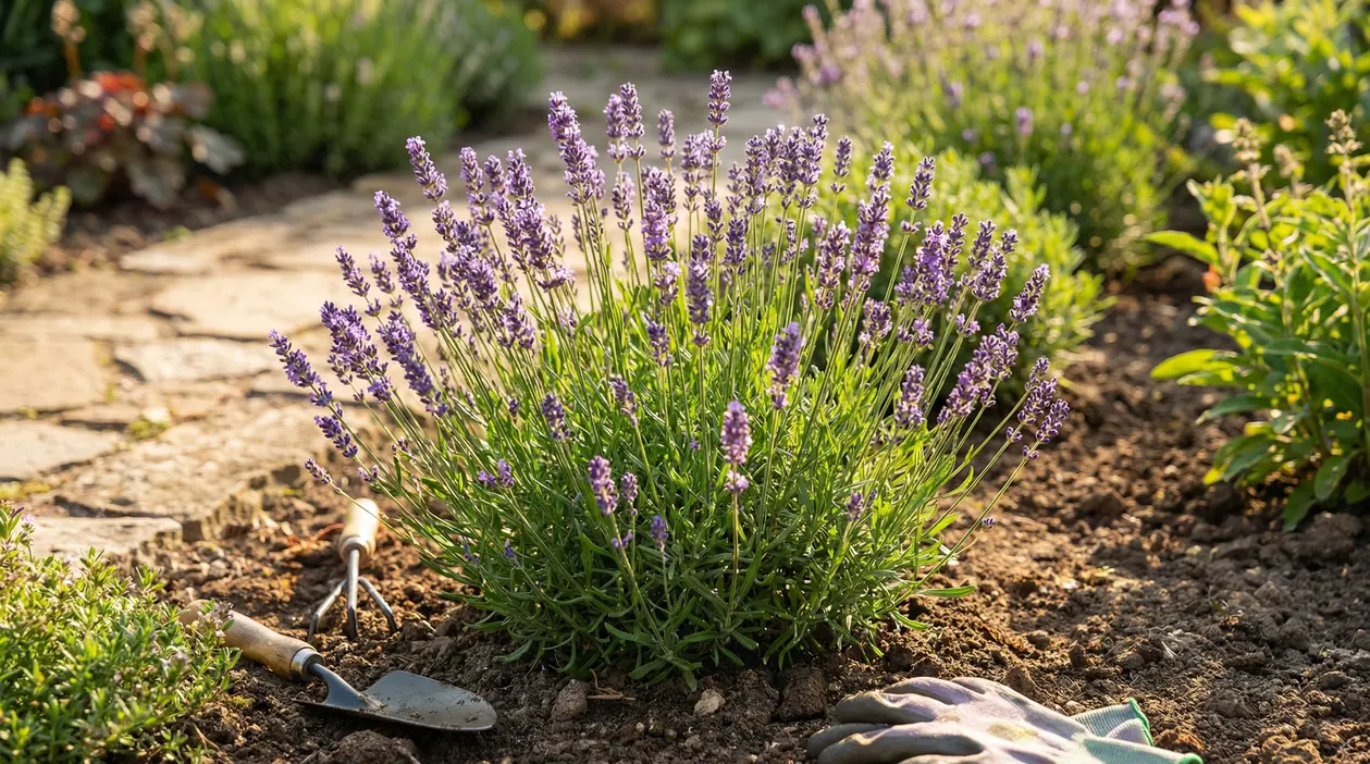 Pianta di lavanda appena messa a dimora in giardino, vicino a un vialetto, con attrezzi da giardinaggio sul terreno