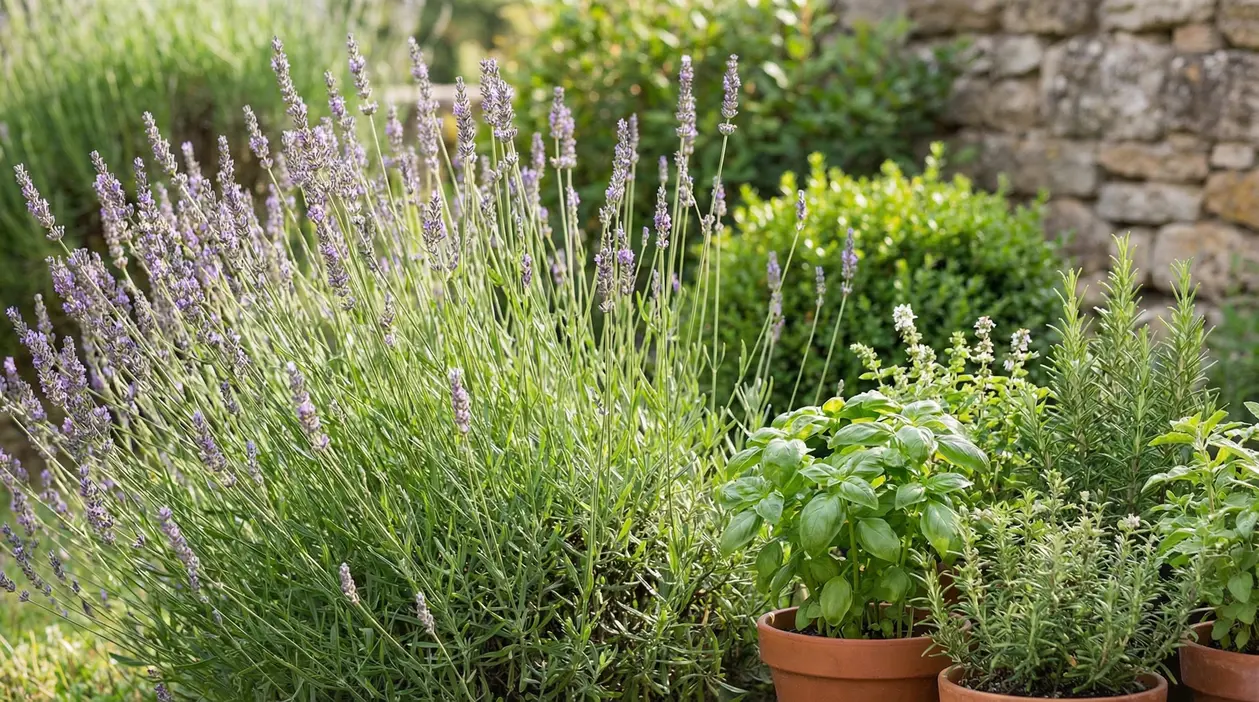 Pianta di lavanda in giardino accanto a vasi di erbe aromatiche come basilico e rosmarino