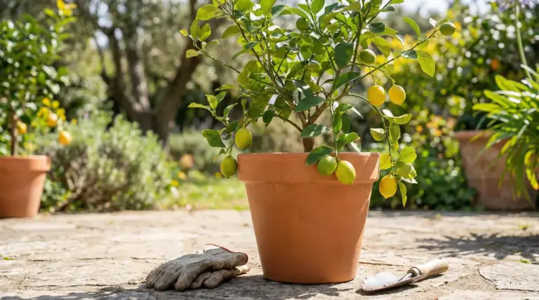 Pianta di limone in vaso con frutti maturi su una terrazza soleggiata, accanto a guanti e paletta da giardinaggio