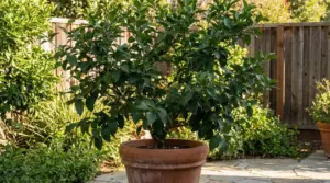 Albero di limone in vaso su un patio in giardino, con foglie verdi e senza frutti visibili