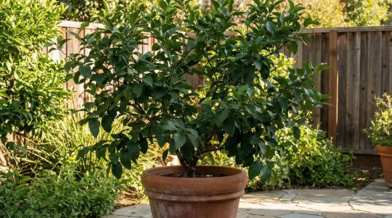 Albero di limone in vaso su un patio in giardino, con foglie verdi e senza frutti visibili