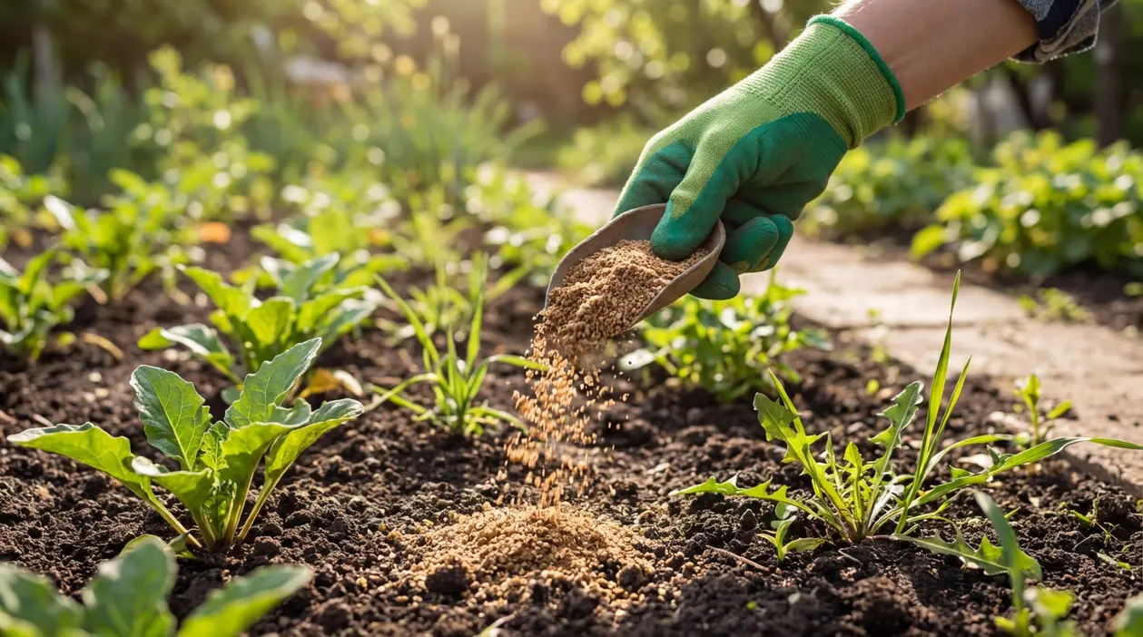 Mano con guanto sparge materiale naturale sul terreno dell’orto per contrastare le erbacce