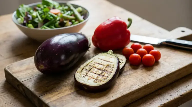 Melanzana intera e grigliata su tagliere con peperone rosso e pomodorini in cucina