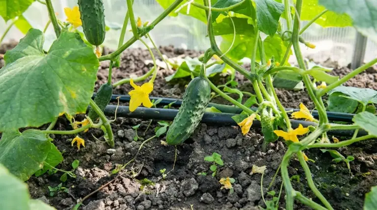 Pianta di cetrioli nell’orto con frutti in crescita, fiori gialli e irrigazione a goccia sul terreno