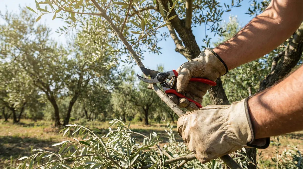 Persona con guanti che pota un ramo di ulivo con cesoie in un oliveto