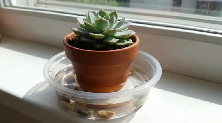 Pianta grassa in vaso di terracotta appoggiato in un contenitore con acqua sul davanzale della finestra