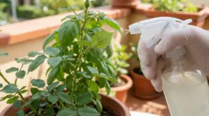 Mano con guanto spruzza soluzione naturale su pianta in vaso sul balcone per eliminare i pidocchi verdi
