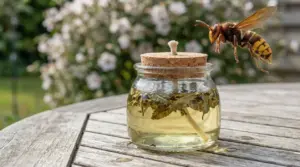 Calabrone vicino a un barattolo con rimedio naturale in giardino, su tavolo di legno