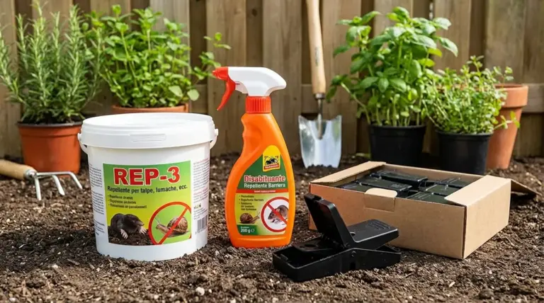 Prodotti repellenti e trappole per topi e pantegane sistemati nel terreno di un giardino con piante aromatiche